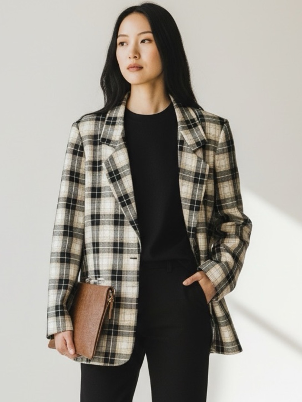 Vintage Plaid Single-Button Blazer Jacket - Black,Cream & Tan